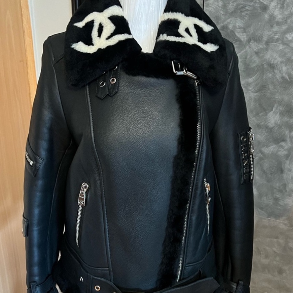 CHANEL Black Leather Jacket with Shearling Collar
